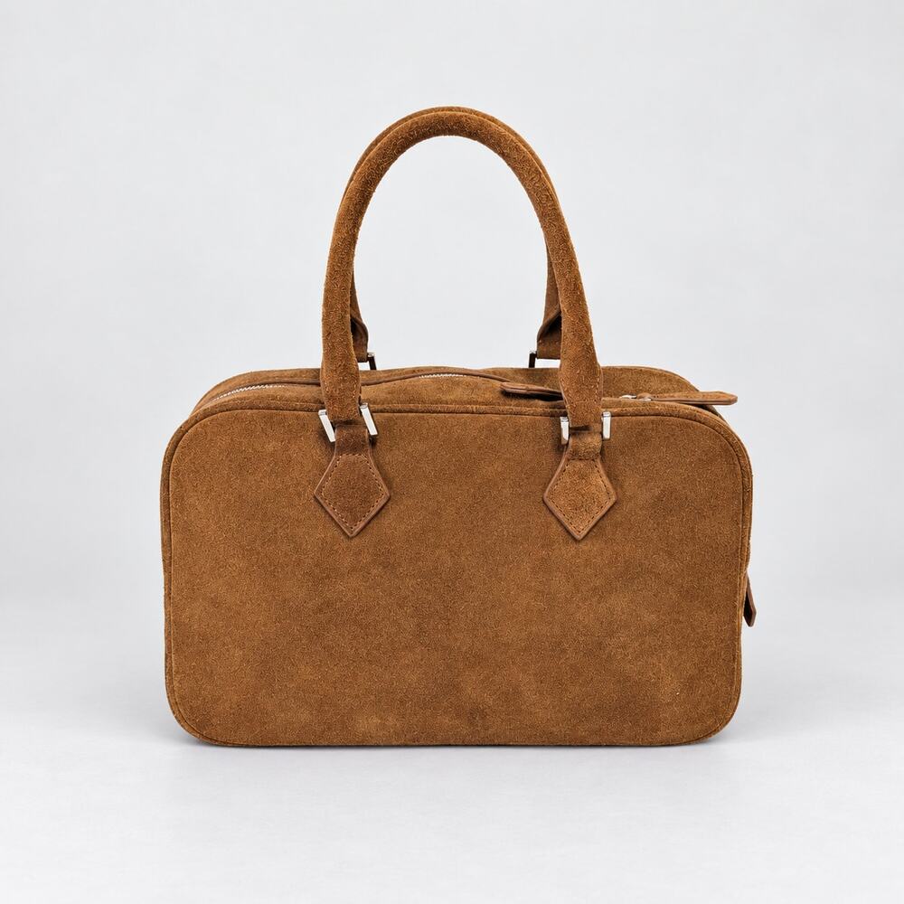 Tan Leather Suede Bowling Crossbody Bag